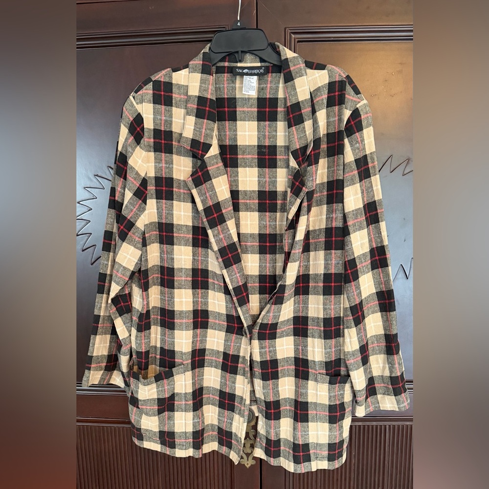 SAG HARBOR Plaid Linen Blend Lightweight Blazer w Callouts Size 22W